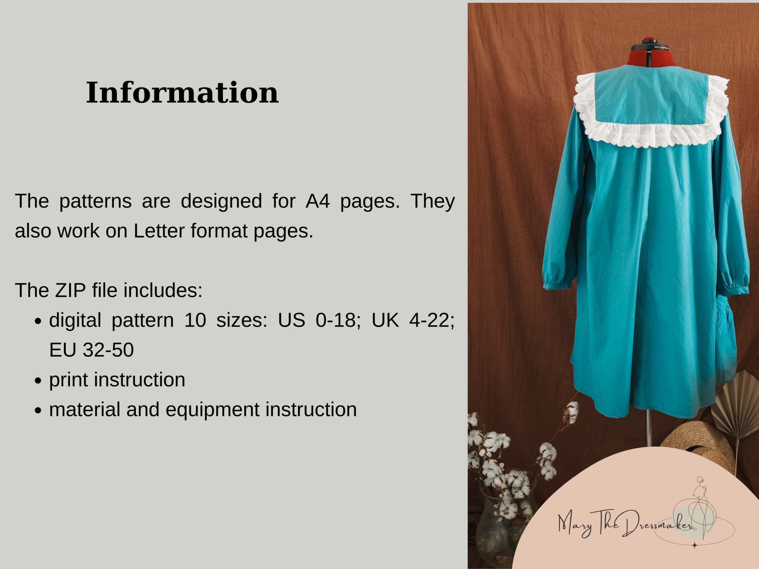 Window still dress| Tiered ruffle dress with peter pan collar| Instant download A4 PDF sewing pattern sizes | eu 32-50 | us 0-18 - Image 2