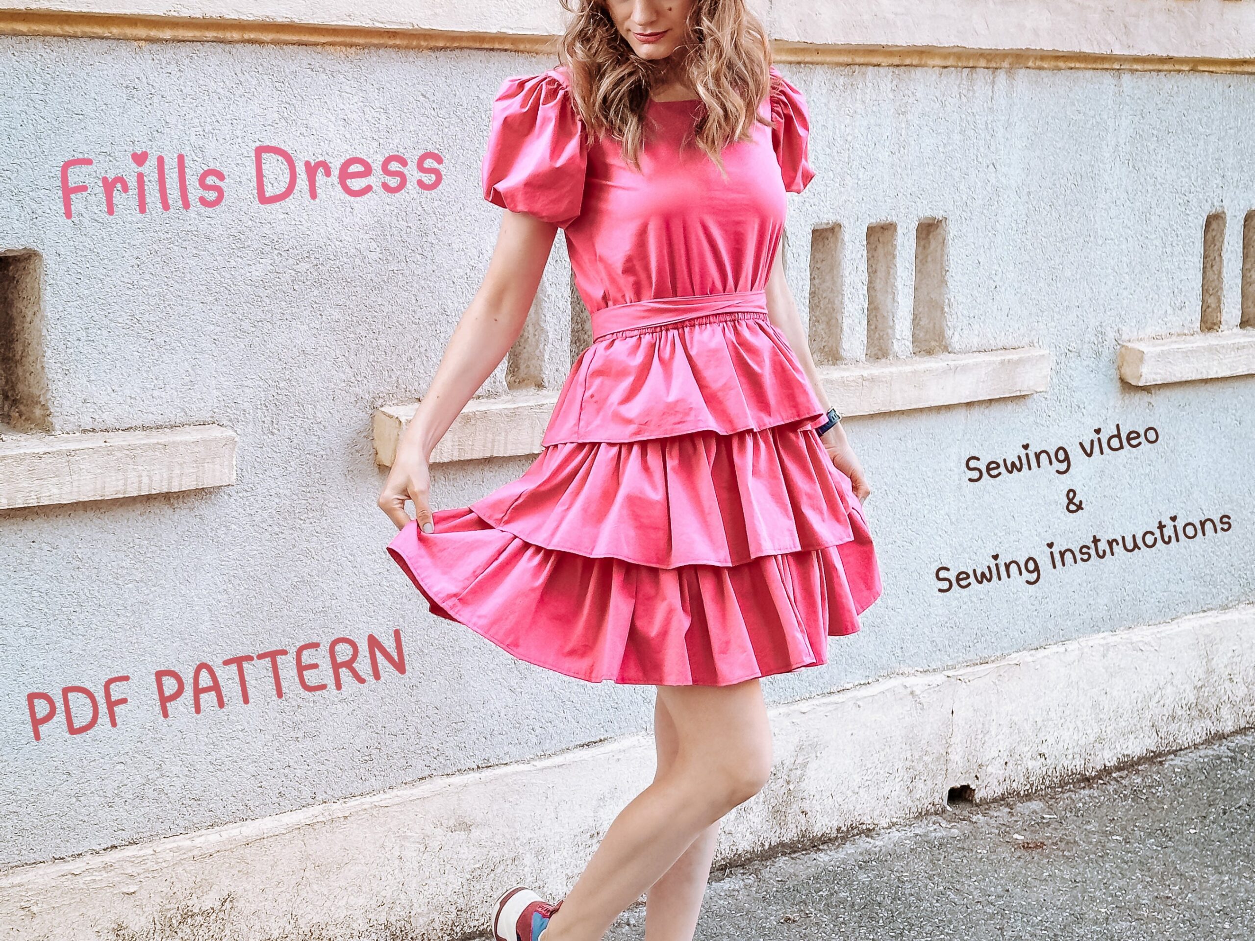 Ruffle Frills Dress Sewing Pattern: Balloon Sleeves, Elastic Waist (A4 PDF)