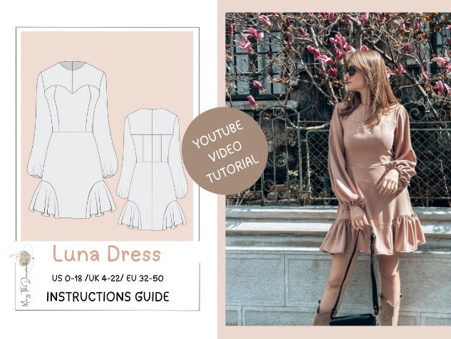 Luna Dress Sewing Pattern: Balloon Sleeves, Ruffle Details (PDF Pattern)