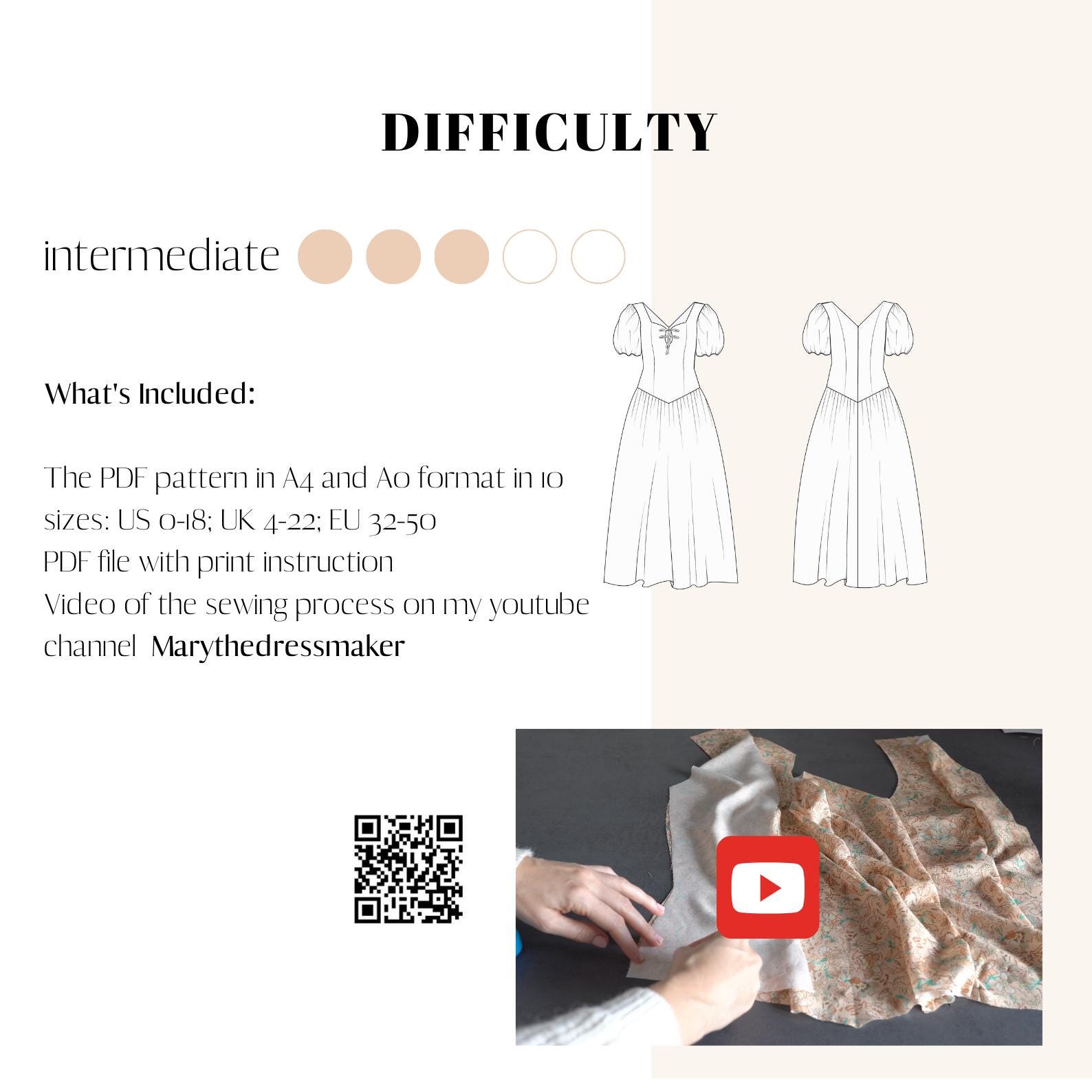 Daisy Drop Waist Dress PDF Sewing Pattern: Puffy Sleeves, Heart Neckline (US 0-18) - Image 2