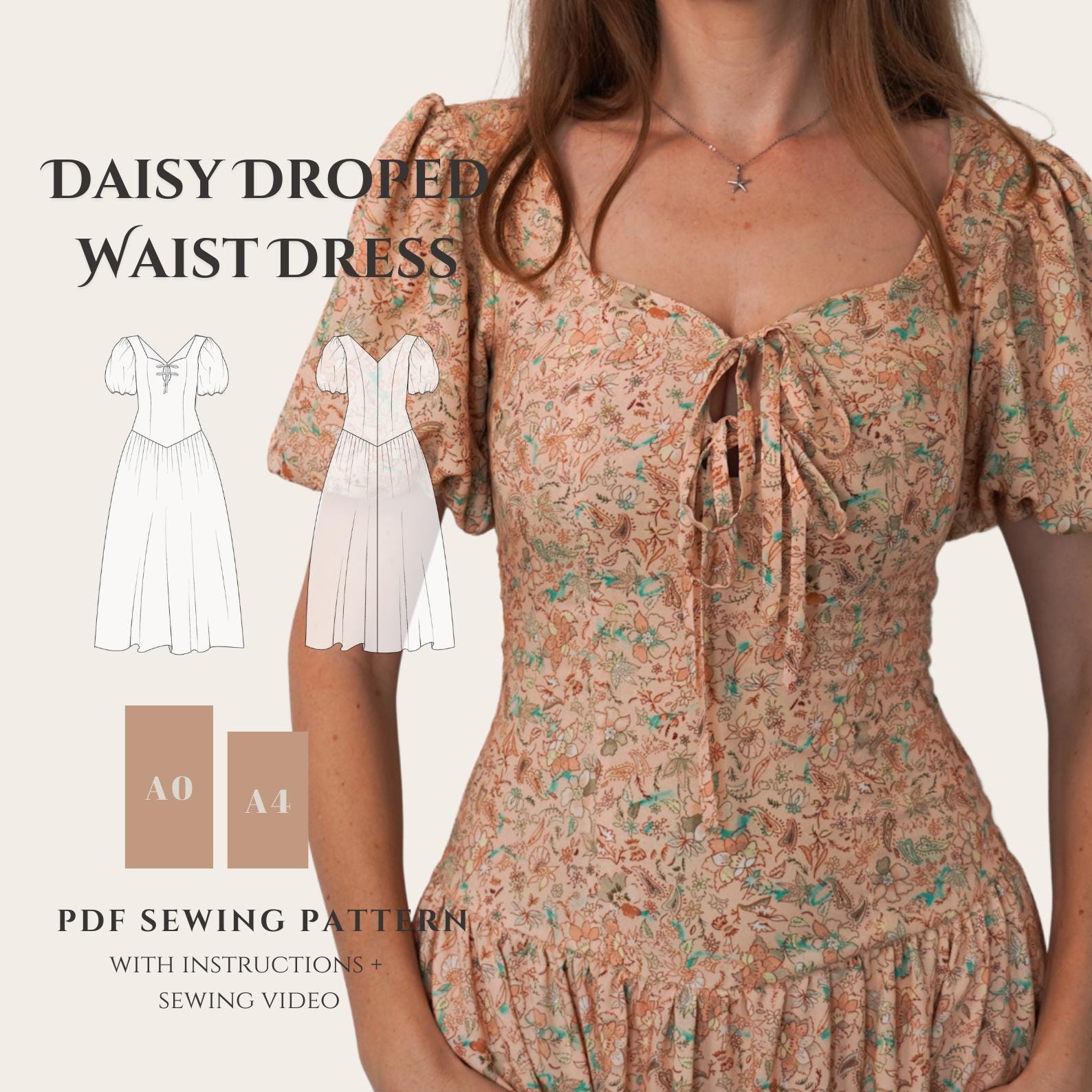 Daisy Drop Waist Dress PDF Sewing Pattern: Puffy Sleeves, Heart Neckline (US 0-18)