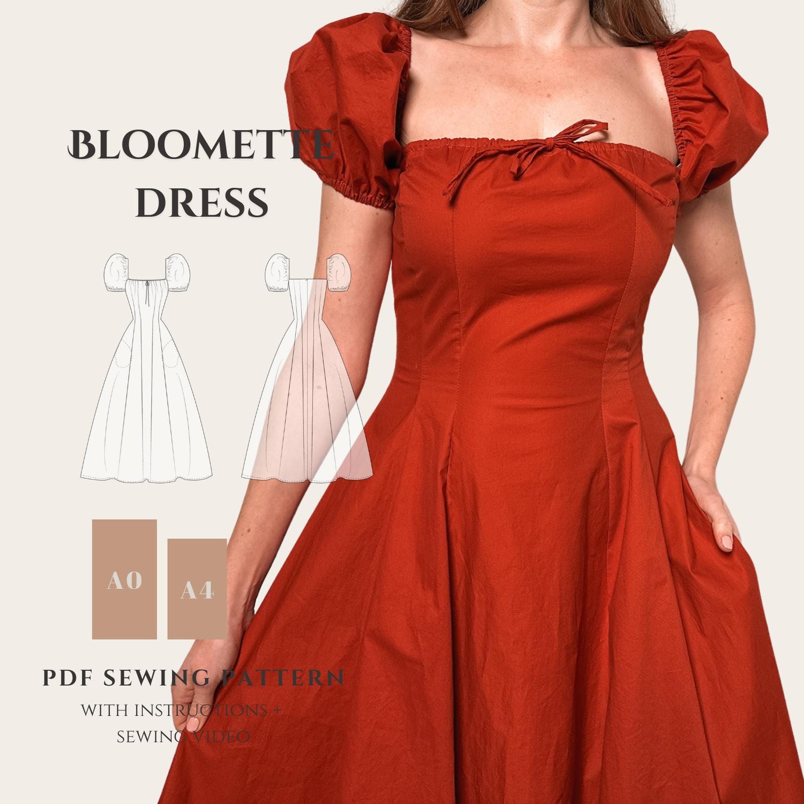 Cottagecore Dress -Princess seams - Inseam pockets- Sewing Pattern - EU 32-50 US 0-18 - PDF Instant Download- Instructions & Video Tutorial