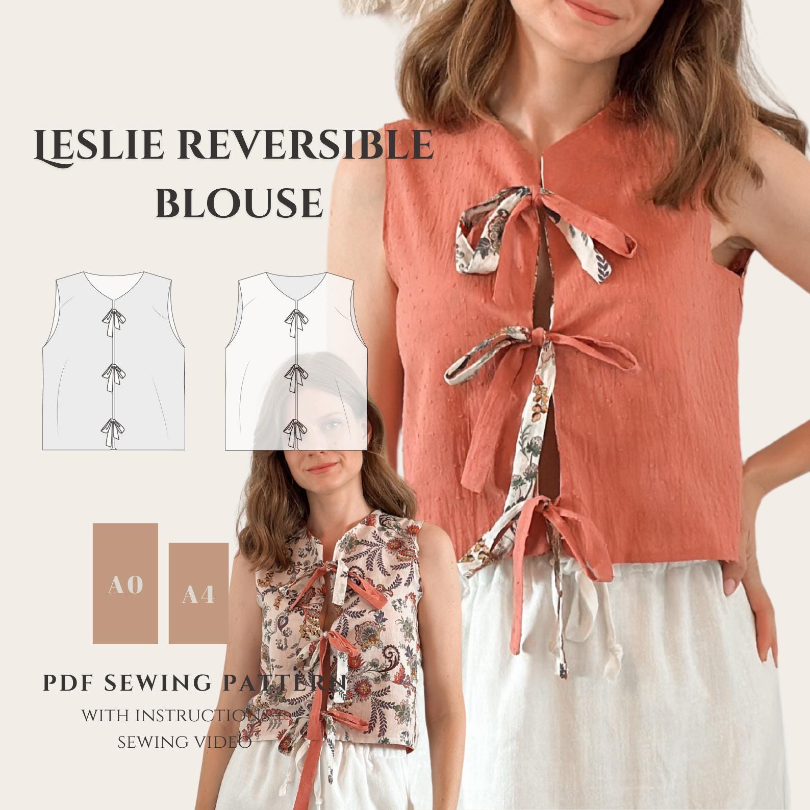Leslie Reversible Tie-Front Blouse Sewing Pattern (PDF)
