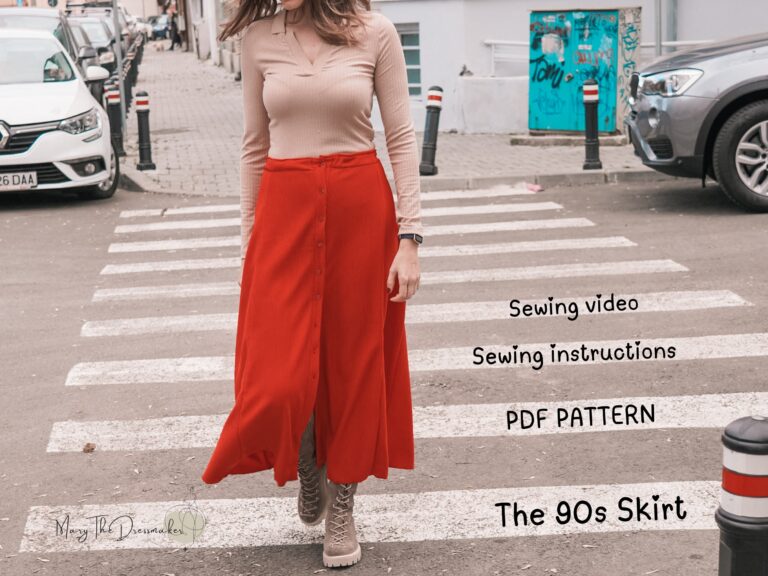90s A-line skirt sewn from a beginner PDF pattern