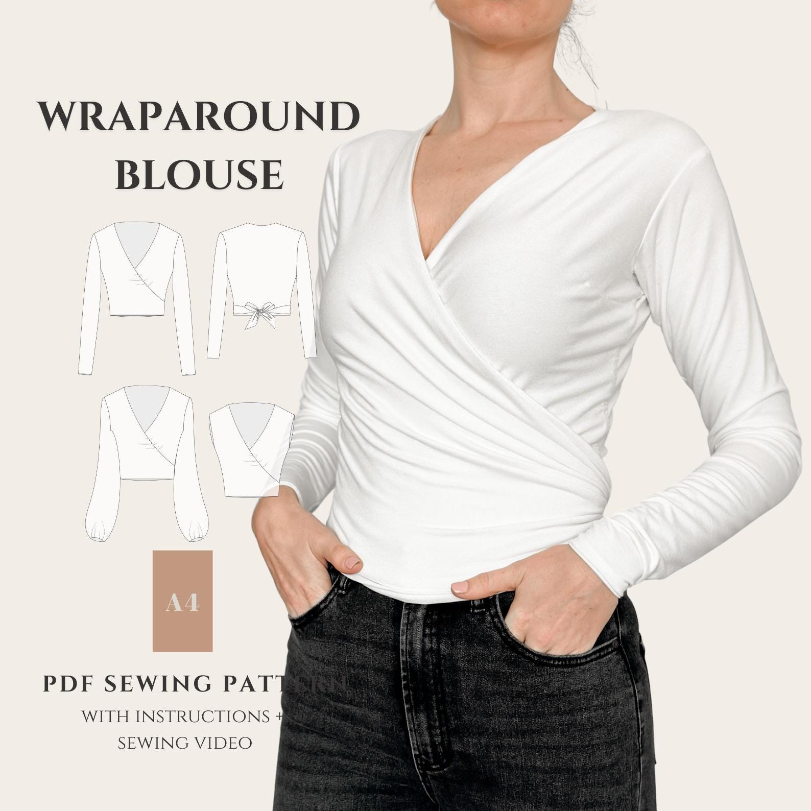 Wrap Blouse Sewing Pattern PDF | 3 Sleeve Styles Balloon Straight Sleeveless | Women US 0-18 Instant Download