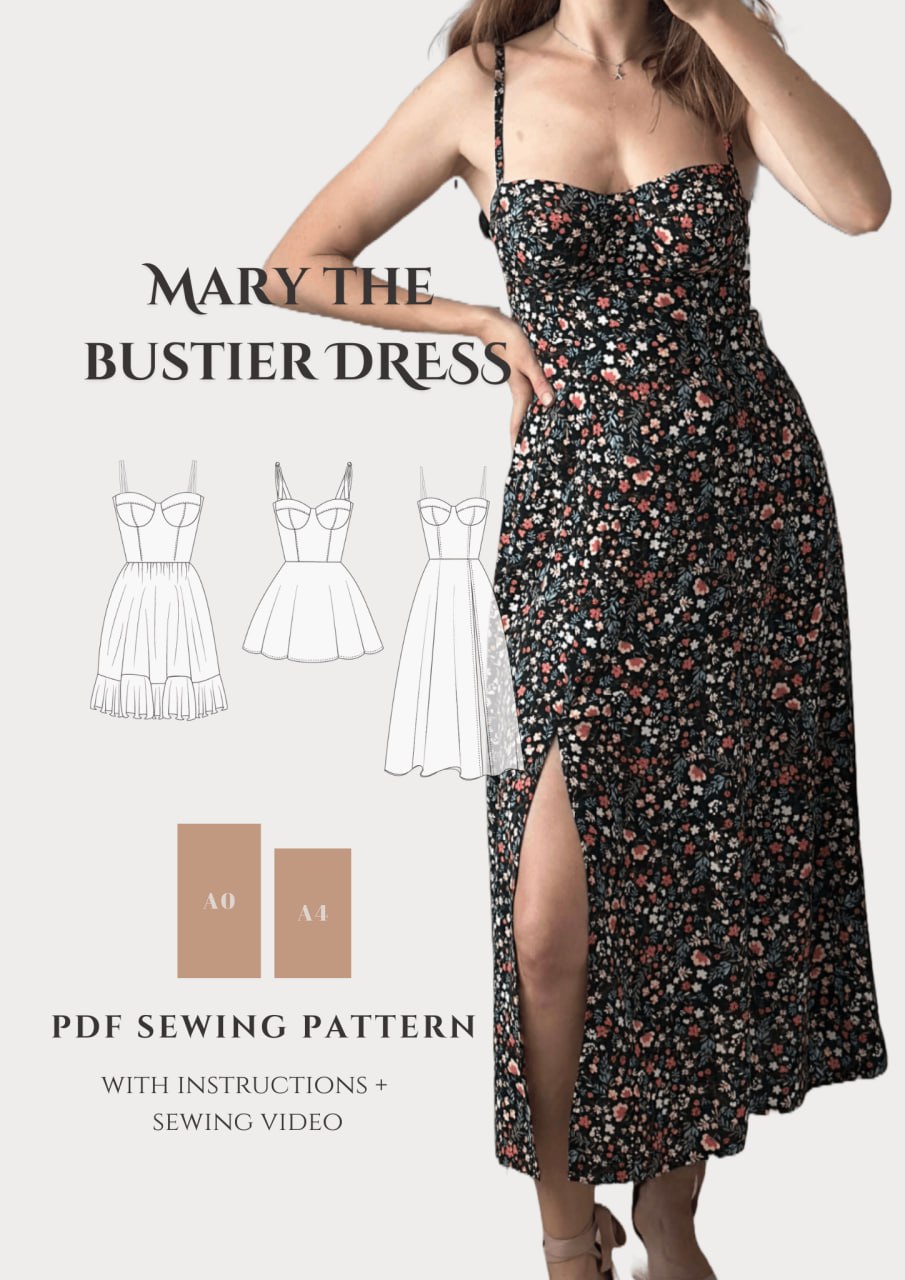 Bustier dress PDF sewing pattern promo — three lengths and A0/A4 formats