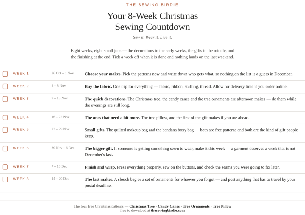 Printable 8-week Christmas sewing plan checklist with tick boxes for each week