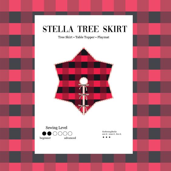 Stella tree skirt pattern cover showing the star shape and four sizes on a red buffalo check background